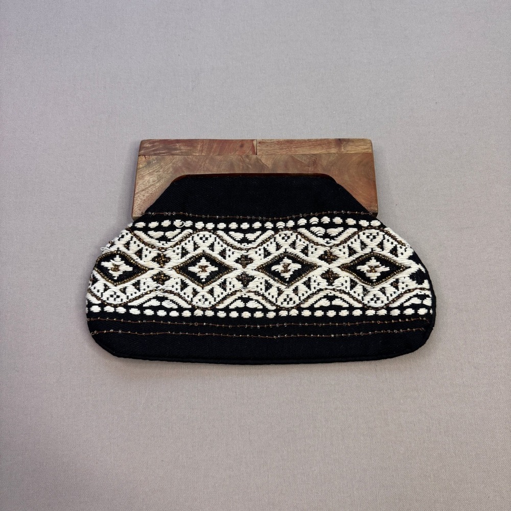 Boho Embroidered Canvas Clutch Bag with Natural Wood Frame Black White Beaded